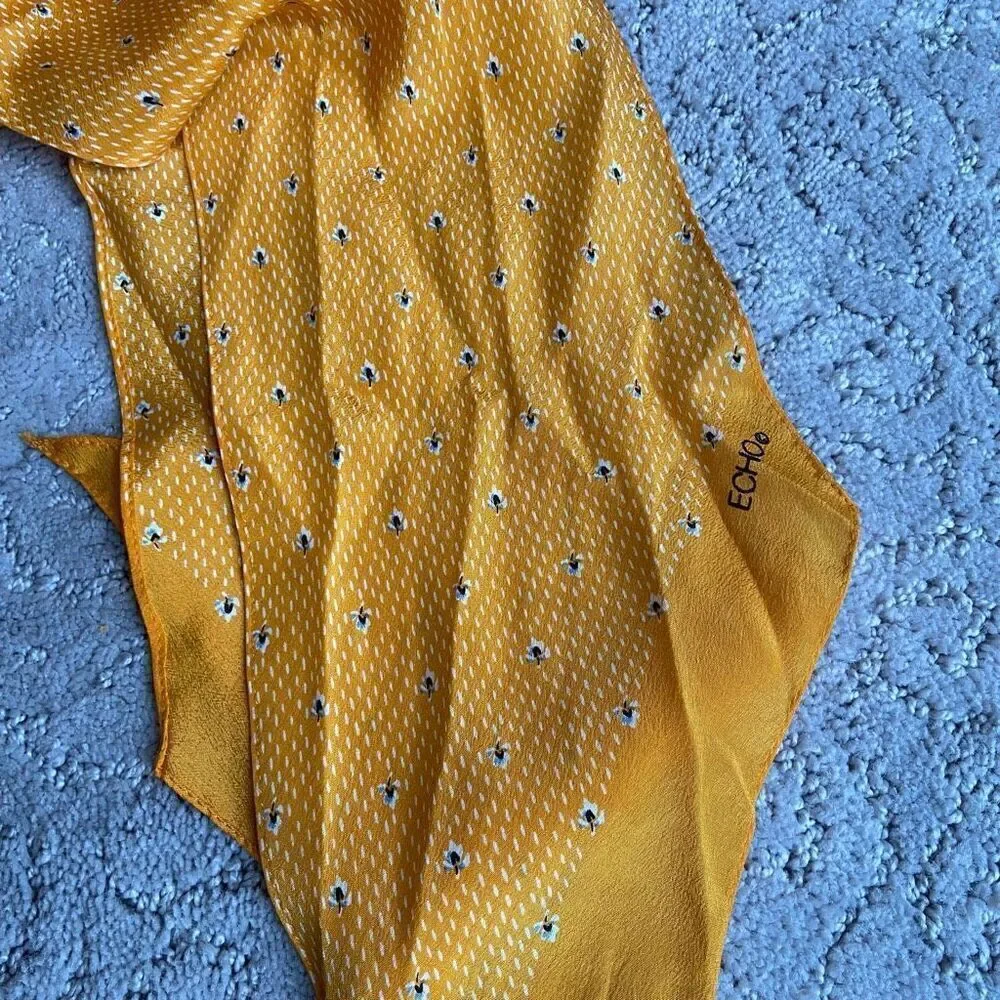 Vintage ECHO Oblong 100% Silk Scarf in Golden Color with Tiny Flower Details
